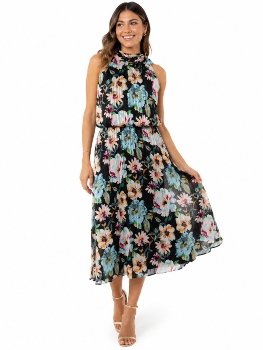 Adrianna Papell‎ - Floral Printed Chiffon Halter Dress